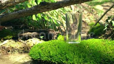 空的玻璃站在苔藓的岩石上，有<strong>一朵小花</strong>。 弹簧流在软关注背景。 纯净的生态水